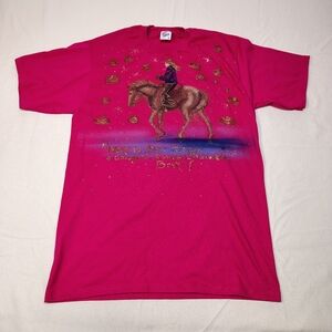 VINTAGE Hand Painted Horses and Chocolate T-Shirt Size Large Pink Jerzeez Cotton